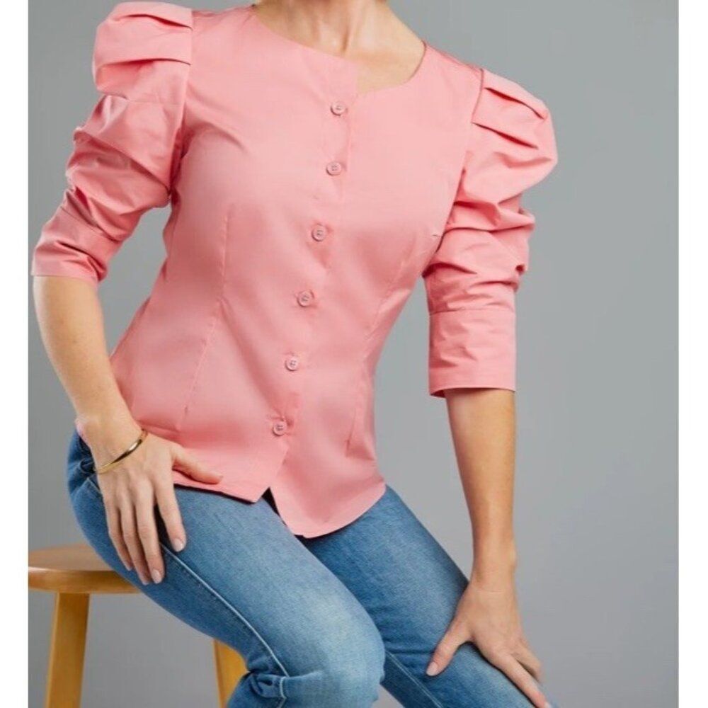 Seragyi Size 4 Pink Martina Blouse 3/4 Puffed Ruffle Sleeves NWT